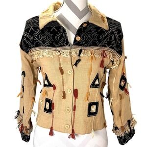 VTG Silver Stream Tan Black Southwestern Aztec Embroidered Fringe Jacket Size S